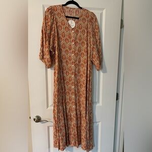 Amazon Long Sleeve Patterned Dress - Orange and Cream